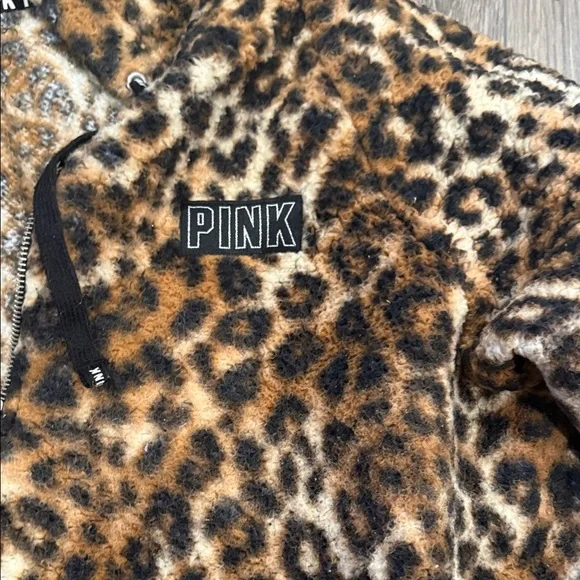 PINK Leopard Fuzzy Half-Zip Hoodie in Brown/Black/Cream - Picture 2 of 4